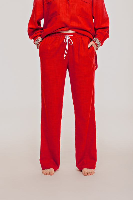 Red linen trousers